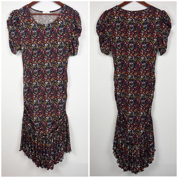 Tanya Taylor Floral Puff Sleeve Mini Dress M Ruffle Hem Drop Waist - Picture 2 of 10